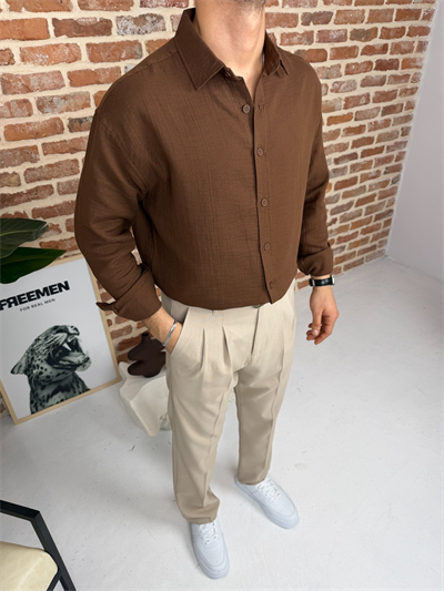 Premium Oversize Müslin Keten Gömlek Kahve