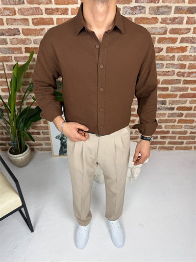 Premium Oversize Müslin Keten Gömlek Kahve