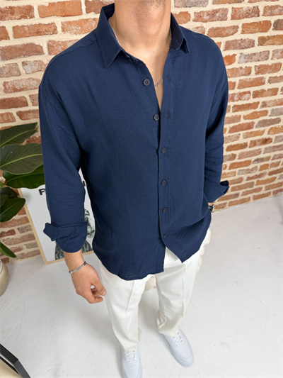 Premium Oversize Müslin Keten Gömlek Lacivert