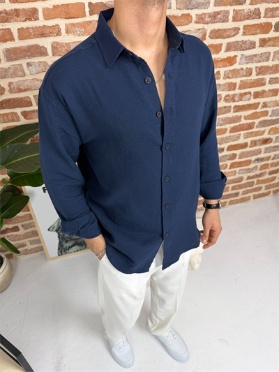 Premium Oversize Müslin Keten Gömlek Lacivert