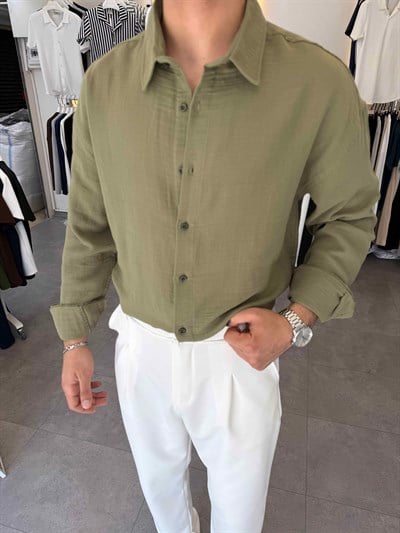 Premium Oversize Müslin Gömlek Haki