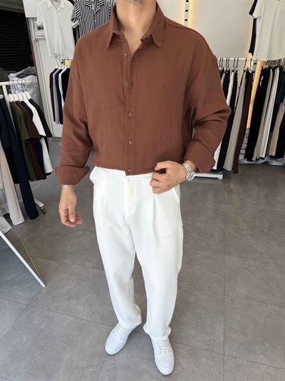 Premium Oversize Müslin Gömlek Kahve