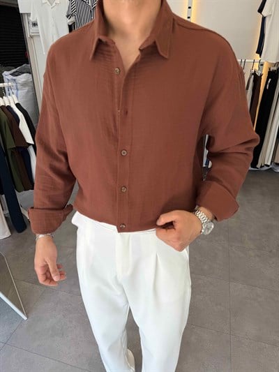 Premium Oversize Müslin Gömlek Kahve