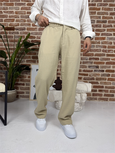 Premium Pamuklu Baggy Kalıp Keten Pantolon Bej