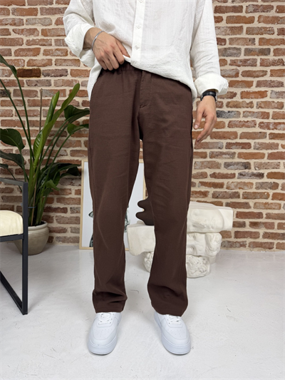 Premium Pamuklu Baggy Kalıp Keten Pantolon Kahve