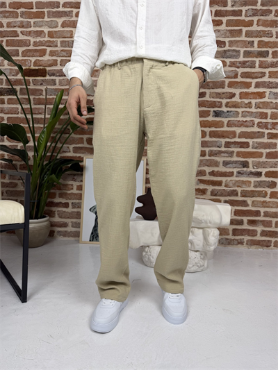 Premium Pamuklu Baggy Kalıp Keten Pantolon Bej