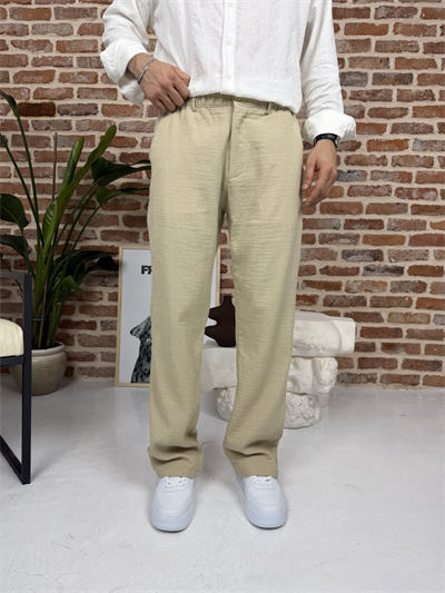 Premium Pamuklu Baggy Kalıp Keten Pantolon Bej
