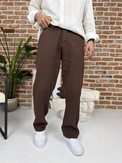 Premium Pamuklu Baggy Kalıp Keten Pantolon Kahve