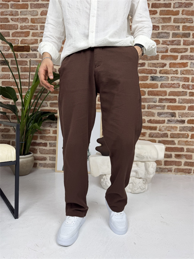 Premium Pamuklu Baggy Kalıp Keten Pantolon Kahve