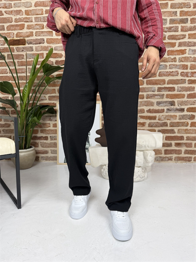 Premium Pamuklu Baggy Kalıp Keten Pantolon Siyah