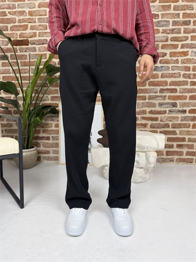 Premium Pamuklu Baggy Kalıp Keten Pantolon Siyah