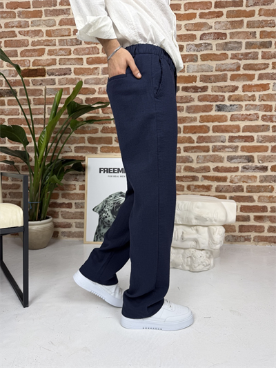 Premium Pamuklu Baggy Kalıp Keten Pantolon Lacivert