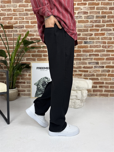 Premium Pamuklu Baggy Kalıp Keten Pantolon Siyah
