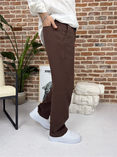 Premium Pamuklu Baggy Kalıp Keten Pantolon Kahve