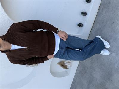 Premium Yarım Fermuar Selanik Örgü Casual Triko Kazak Kahve