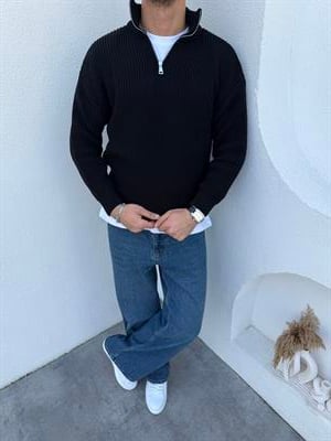 Premium Yarım Fermuar Selanik Örgü Casual Triko Kazak Siyah