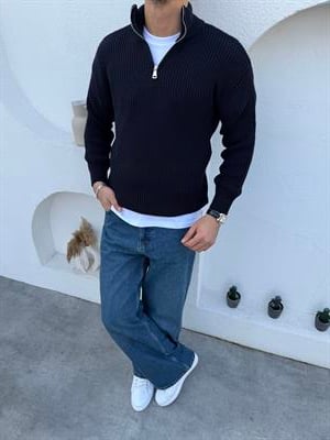 Premium Yarım Fermuar Selanik Örgü Casual Triko Kazak Lacivert