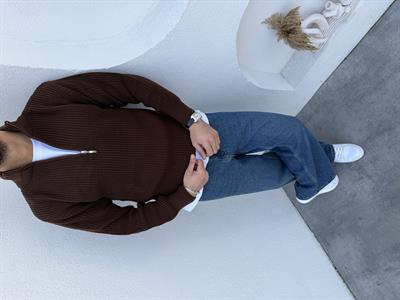 Premium Yarım Fermuar Selanik Örgü Casual Triko Kazak Kahve