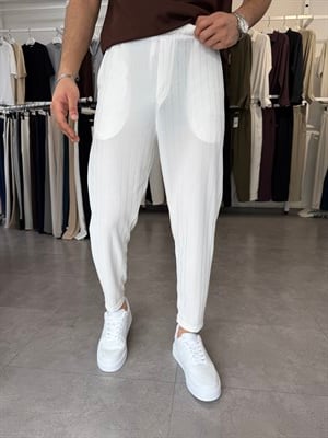 Raporlu Örme Likralı Boyfriend Pantolon Beyaz
