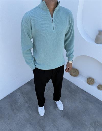 Ribanalı Dik Yaka Yarım Fermuar Triko Mint Yeşili