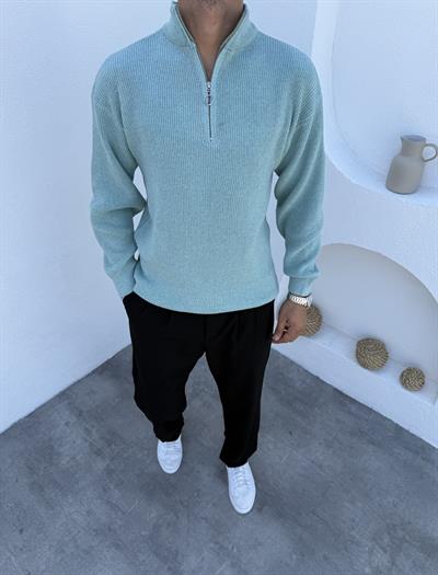 Ribanalı Dik Yaka Yarım Fermuar Triko Mint Yeşili