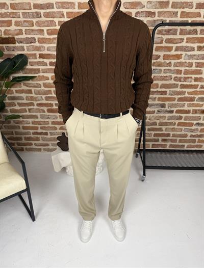 Saç Örgü Yarım Fermuar Triko Kazak Acı Kahve