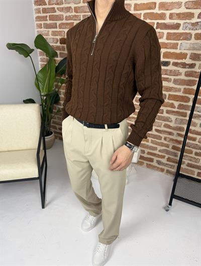 Saç Örgü Yarım Fermuar Triko Kazak Acı Kahve