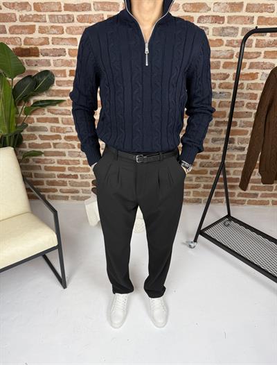 Saç Örgü Yarım Fermuar Triko Kazak Lacivert