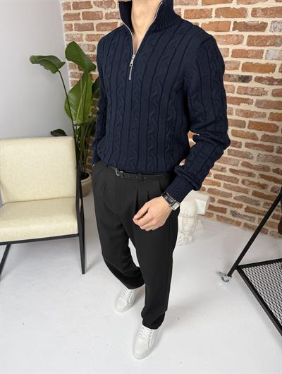 Saç Örgü Yarım Fermuar Triko Kazak Lacivert