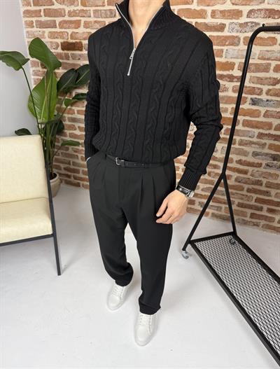 Saç Örgü Yarım Fermuar Triko Kazak Siyah