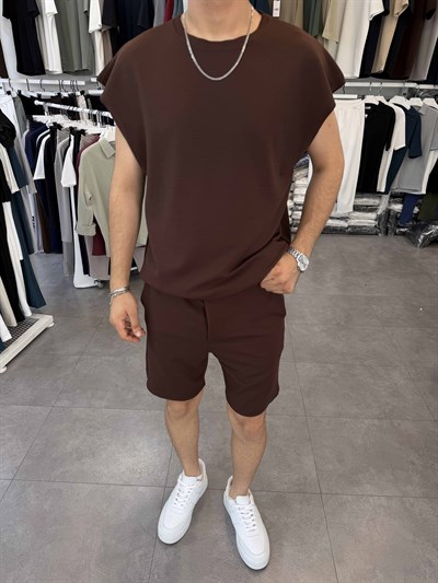 Sıfırkol Şortlu Oversize Takım Kahve