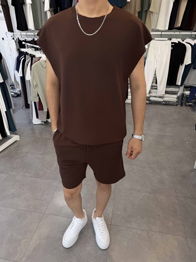 Sıfırkol Şortlu Oversize Takım Kahve