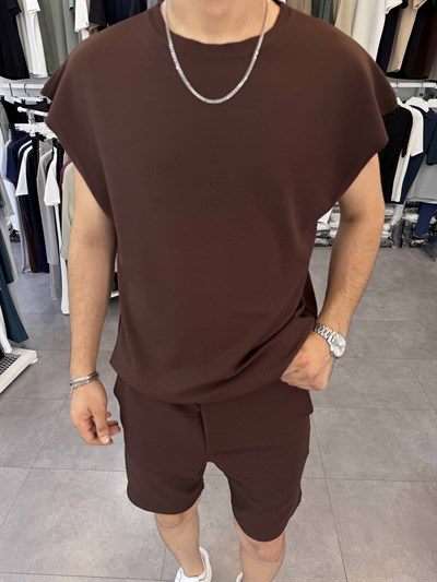 Sıfırkol Şortlu Oversize Takım Kahve
