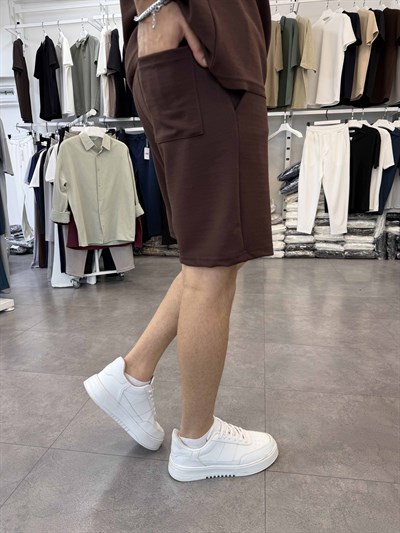 Sıfırkol Şortlu Oversize Takım Kahve