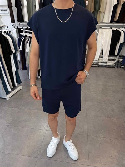 Sıfırkol Şortlu Oversize Takım Lacivert