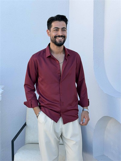 Slimfit Saten Gömlek Bordo
