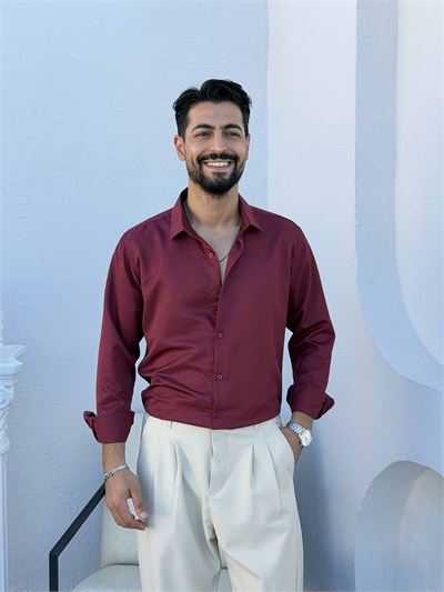 Slimfit Saten Gömlek Bordo