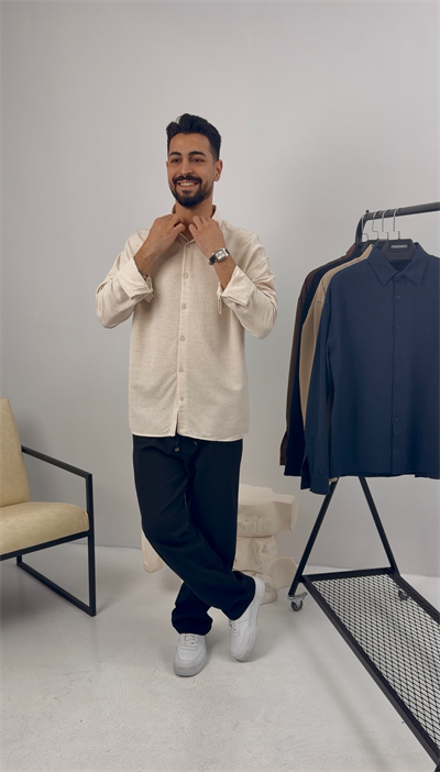 Premium Oversize Keten Takım Bej-Lacivert