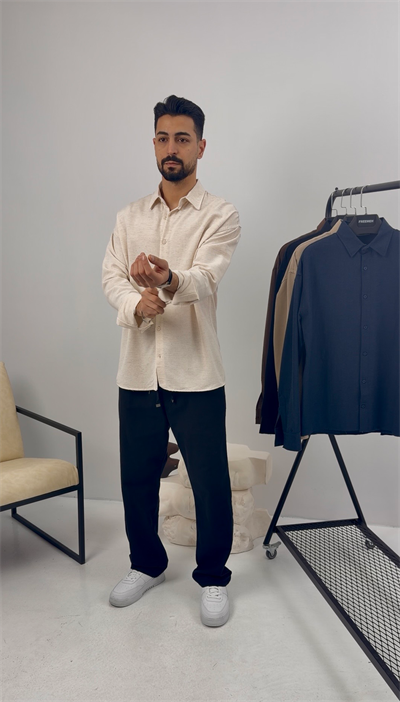 Premium Oversize Keten Takım Bej-Lacivert