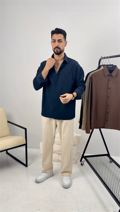 Premium Oversize Keten Takım Lacivert-Bej