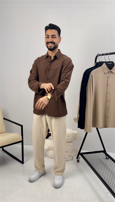 Premium Oversize Keten Takım Kahve-Bej