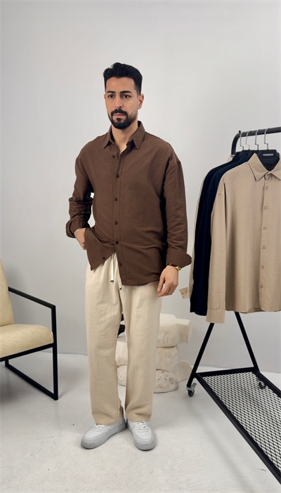 Premium Oversize Keten Takım Kahve-Bej