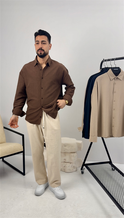 Premium Oversize Keten Takım Kahve-Bej