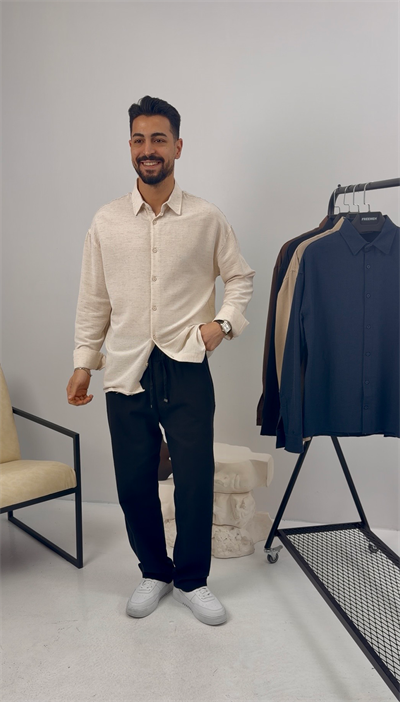 Premium Oversize Keten Takım Bej-Lacivert