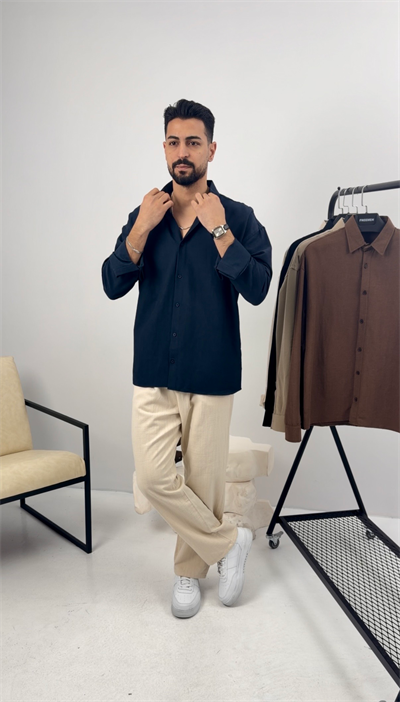 Premium Oversize Keten Takım Lacivert-Bej