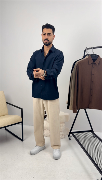 Premium Oversize Keten Takım Lacivert-Bej
