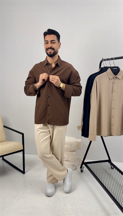 Premium Oversize Keten Takım Kahve-Bej