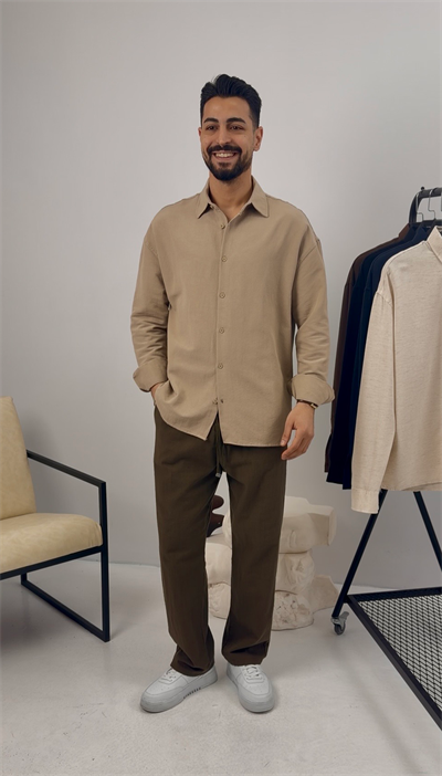 Premium Oversize Keten Takım Taş-Haki