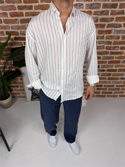 Tek Çizgili Oversize Keten Gömlek Beyaz