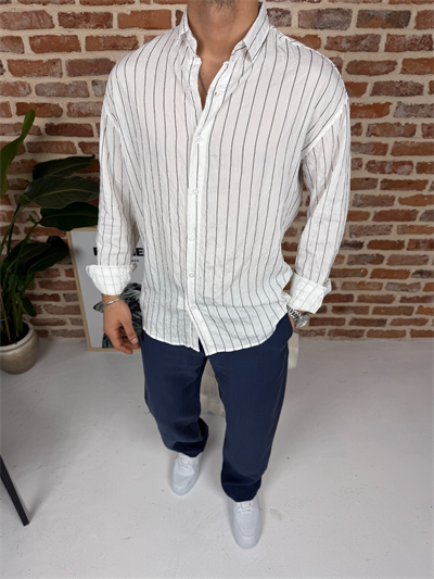 Tek Çizgili Oversize Keten Gömlek Beyaz